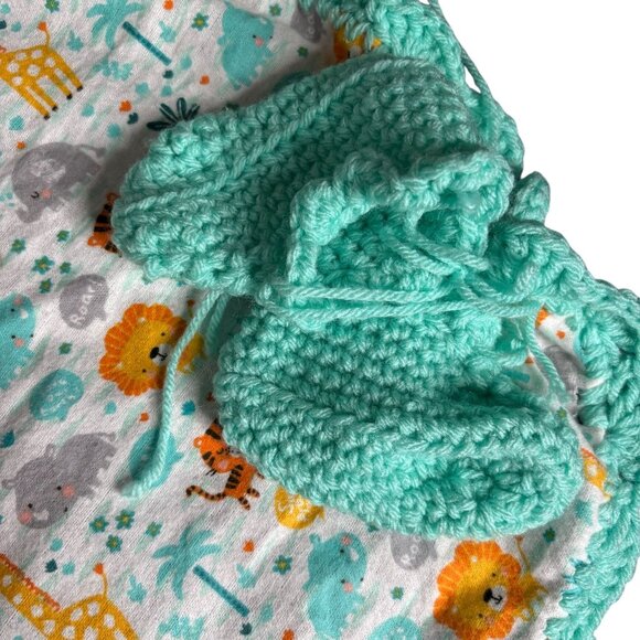 Handmade Baby Receiving Blanket Booties Set Safari Animals Crochet Border - Picture 5 of 7